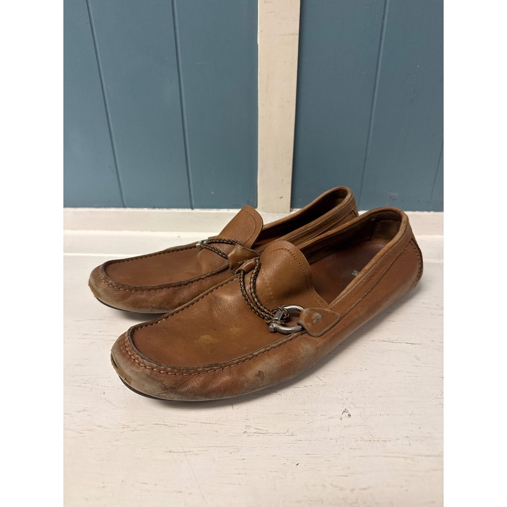 Salvatore‎ Ferragamo Men's Brown Leather Loafers, Silver Hardware, Size 9.5